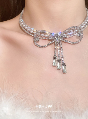 新款珍珠蝴蝶结流苏项圈欧美个性设计感气质颈链轻奢高级感项饰女