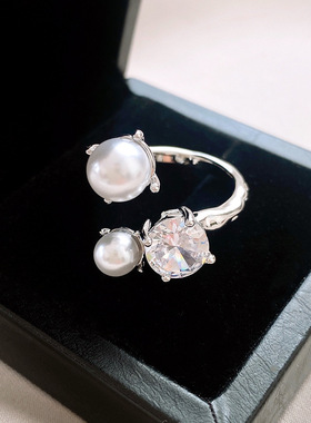 韩国东大门锆石珍珠开口戒指
