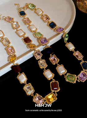 韩国东大门中古镶钻方形拼接项链复古宫廷风锁骨链轻奢高级感项饰