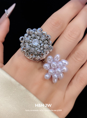 新款锆石珍珠花朵开口戒指冷淡风简约时尚食指戒轻奢高级感手饰女