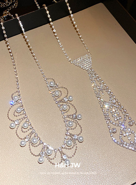 韩国新款镶钻领带流苏项链法式复古温柔时尚锁骨链轻奢高级感项饰