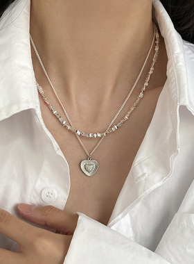 韩国东大门锆石爱双层吊坠项链