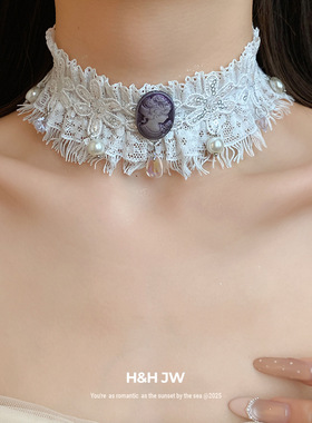 新款花边珍珠人像吊坠项链超仙甜美温柔气质颈链轻奢高级感项饰女