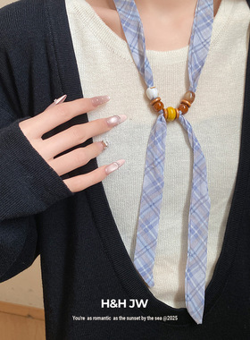 韩国东大门高级感蓝色格纹串珠项链女2026年新款春夏系脖装饰配饰