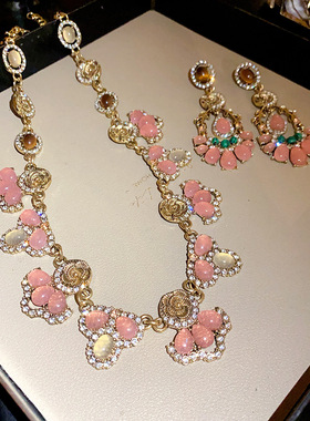 韩国新款镶钻花朵虎眼石水滴吊坠项链中古轻奢锁骨链气质百搭饰品