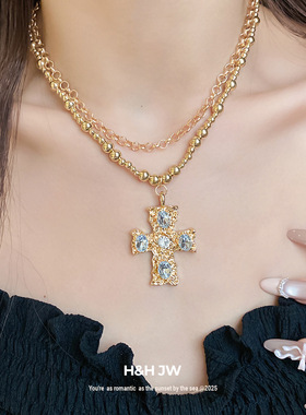 2026新款镶钻十字架吊坠项链复古简约时尚锁骨链轻奢高级感项饰女