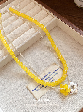 2026新款爆款彩色串珠花朵吊坠双层项链小众百搭气质叠戴锁骨链女