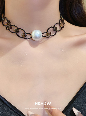 新款黑色链条珍珠串珠项链甜酷辣妹风时尚颈链精致时尚高级感项饰