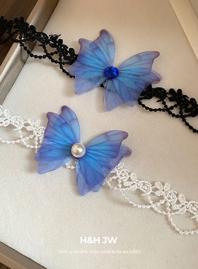 韩国东大门新款蕾丝花边蝴蝶缎带项链个性设计颈链小众高级感项饰