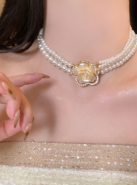 新款珍珠串珠镶钻花朵项链法式复古优雅气质锁骨链轻奢高级感项饰