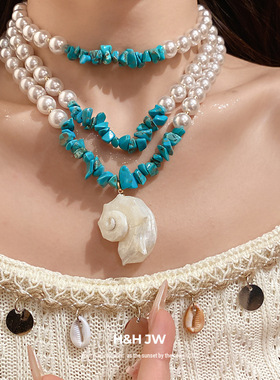 新款珍珠石头贝壳海螺项链波西米亚度假风锁骨链轻奢高级感项饰女