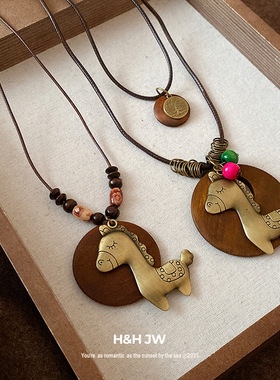 韩国新款双层木头小马吊坠项链民族风复古锁骨链小众简约时尚项饰