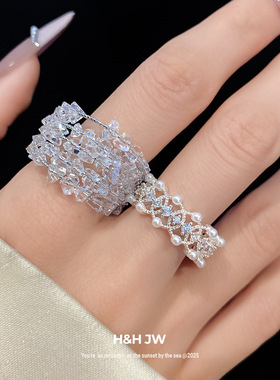 新款锆石珍珠镂空开口戒指欧美复古简约时尚食指戒轻奢高级感手饰