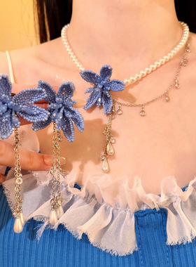 新款珍珠串珠花朵流苏项链时尚百搭简约锁骨链小众气质高级感饰品