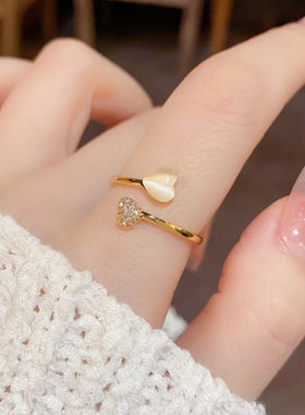 韩国新款锆石爱心开口戒指时尚简约百搭食指戒高级感气质小众手饰