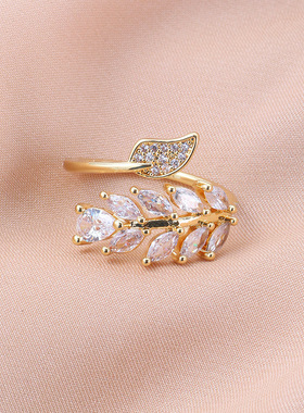 韩国东大门锆石树叶开口戒指精致时尚气质十字架小众高级感手饰女