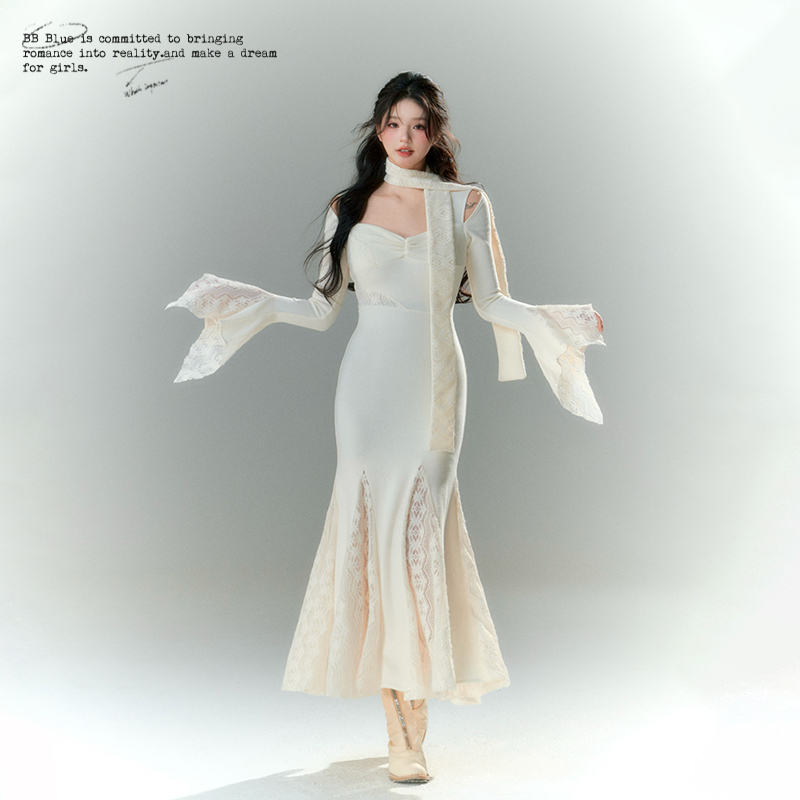 BB BLUE原创设计 新中式喇叭袖鱼尾内搭针织连衣裙秋冬季小众裙子 - 图2