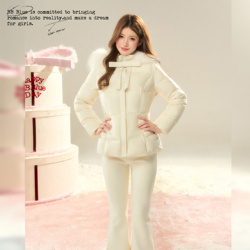 BBBLUE/羽绒腰精/少女感韩系90白鸭绒毛领连帽款收腰显瘦羽绒服女 - 图2