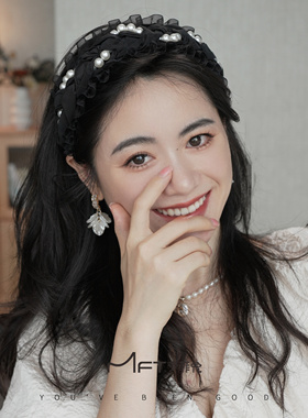 花泽类发箍宽边显脸小不勒头太阳穴饱满发箍黑色珠珠甜美清新发饰