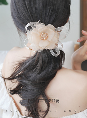 兰壹壹海棠发圈2024新款早春纯欲欧根纱花朵超仙甜美少女发饰