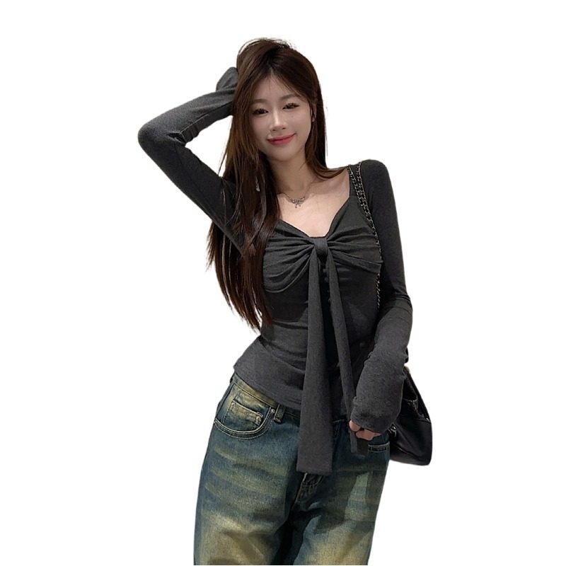 大码胖mm辣妹穿搭系带蝴蝶结长袖t恤女2025性感收腰显瘦褶皱上衣,淘宝优惠券,粉丝福利购,淘宝优惠卷