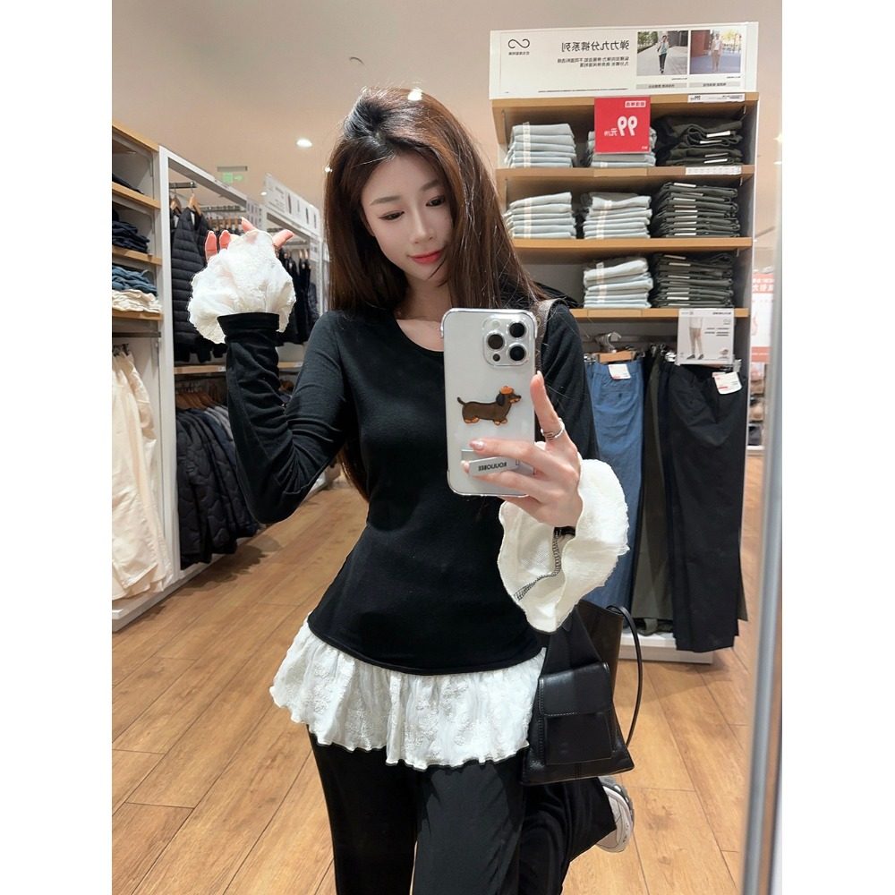 大码胖MM法式圆领蕾丝拼接假两件长袖T恤女秋季内搭修身显瘦上衣,淘宝优惠券,粉丝福利购,淘宝优惠卷