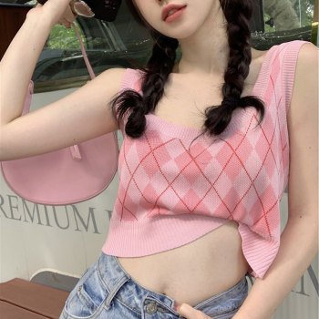 ໄຂມັນຂະໜາດໃຫຍ່ mm rhombus knitted camisole women's outer wear summer ບາງຫວານແລະເຜັດ ການອອກແບບຫຼຸດຜ່ອນອາຍຸສູງສຸດສັ້ນ.