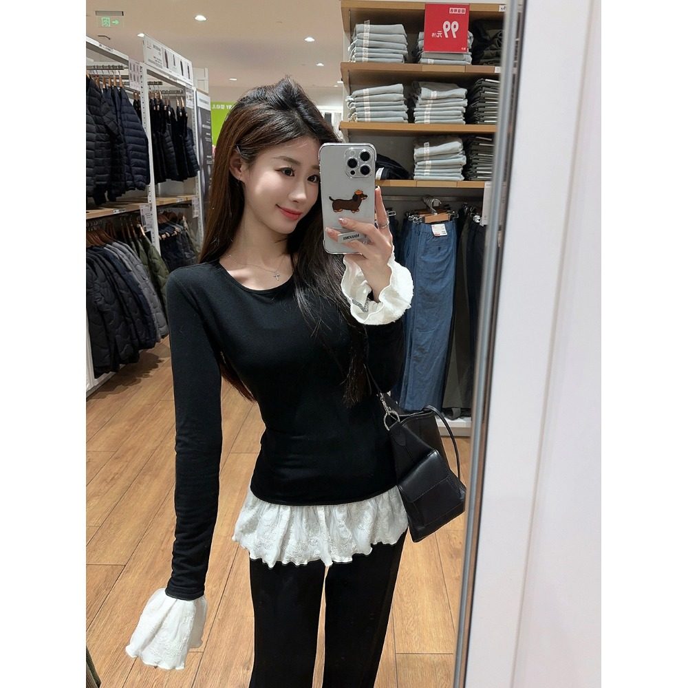 大码胖MM法式圆领蕾丝拼接假两件长袖T恤女秋季内搭修身显瘦上衣,淘宝优惠券,粉丝福利购,淘宝优惠卷