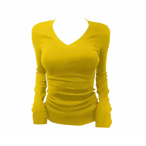 大码胖MMv领正肩长袖t恤女秋季新款辣妹内搭打底衫掐腰显瘦上衣 - 图3