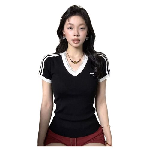 大码胖mm美式复古条纹短袖t恤女夏季2026新款v领蕾丝显瘦绝美上衣 - 图3