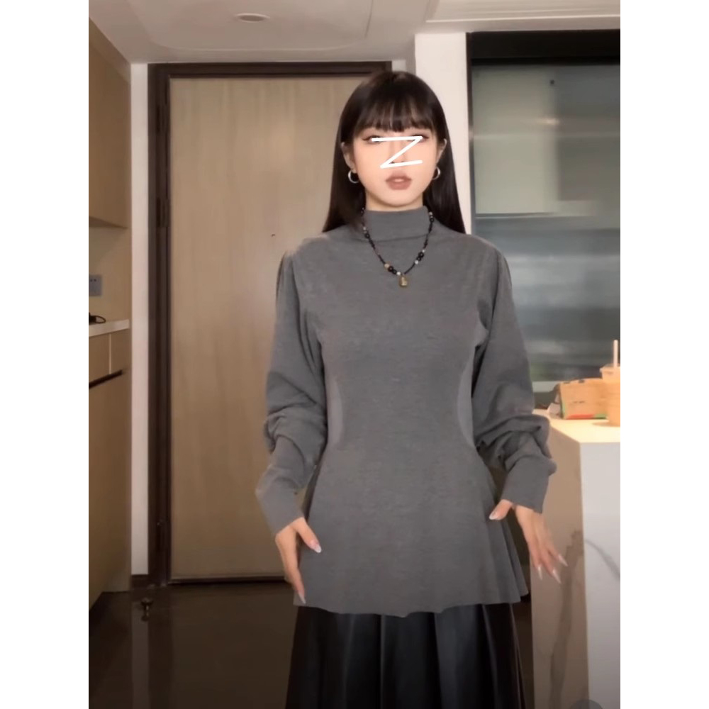 大码胖MM高级感半高领长袖T恤女秋冬新款收腰显瘦纯欲内搭上衣 - 图1