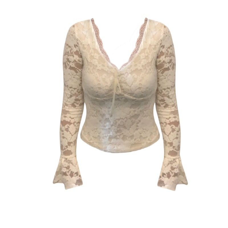 大码微胖mm纯欲风喇叭袖蕾丝衫女秋冬新款修身显瘦甜辣风短款上衣,淘宝优惠券,粉丝福利购,淘宝优惠卷