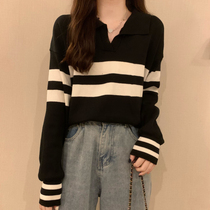 Large size womens dress Fat sister Polo collar Long sleeves Knitted Sweatshirt Women Fall 2023 New Stripes Loose Sweater Blouse