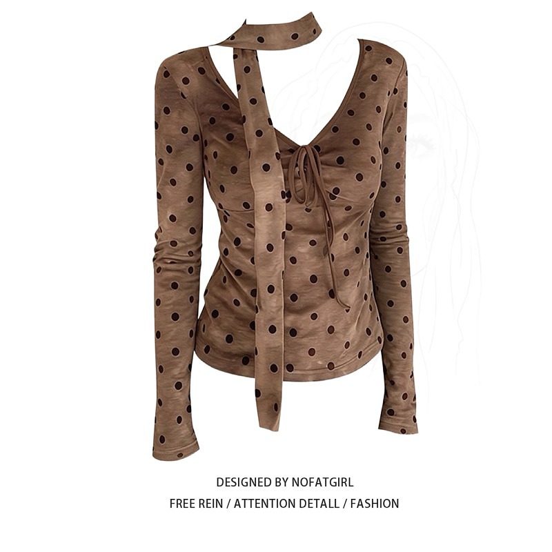 大码胖妹妹性感辣妹风波点飘带v领长袖T恤秋季新款气质绝美上衣女,淘宝优惠券,粉丝福利购,淘宝优惠卷