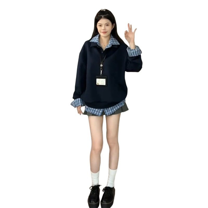 大码胖mm美式高级感拼接假两件卫衣女秋季韩系宽松显瘦设计感上衣,淘宝优惠券,粉丝福利购,淘宝优惠卷