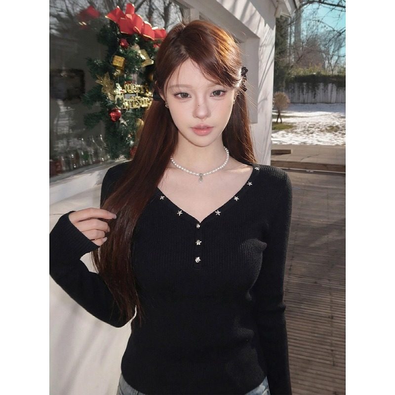 大码辣妹风长袖t恤女星星装饰修身显瘦小众不撞款打底衫内搭上衣,淘宝优惠券,粉丝福利购,淘宝优惠卷