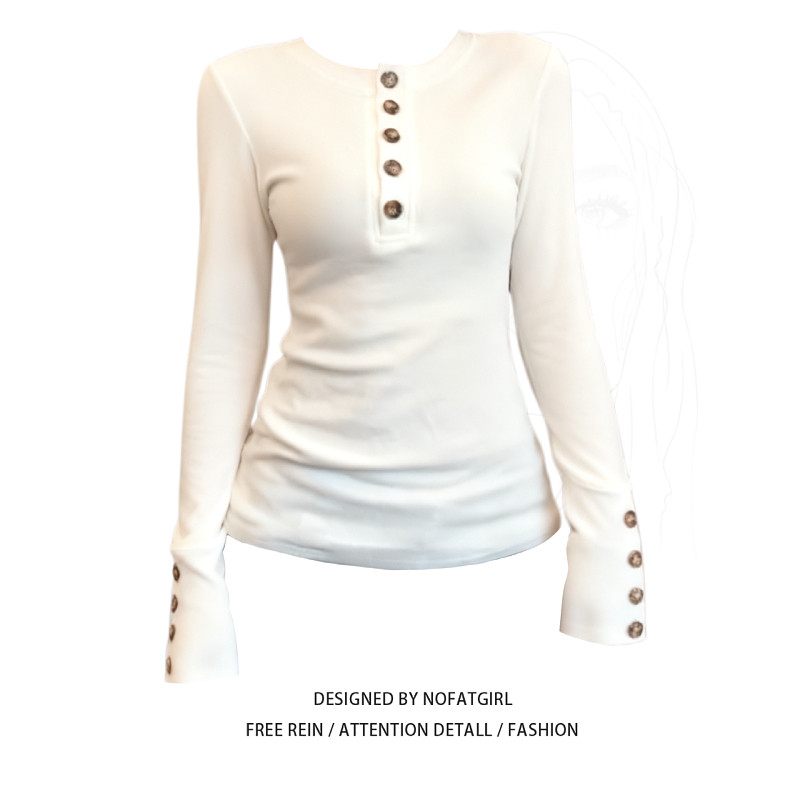 大码胖MM设计感白色亨利纽扣长袖t恤女秋季收腰显瘦正肩打底上衣,淘宝优惠券,粉丝福利购,淘宝优惠卷