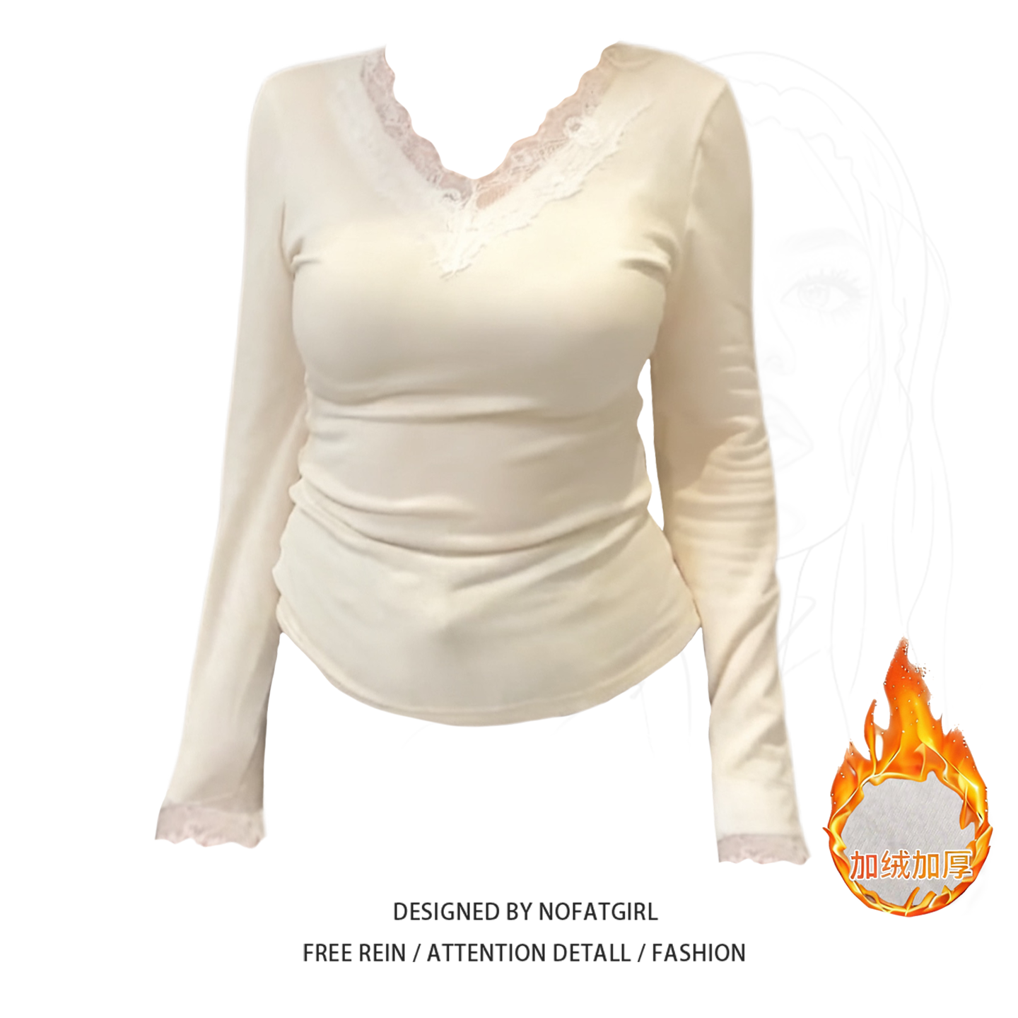 大码胖妹妹纯欲V领蕾丝加厚磨毛T恤打底衫女秋冬季内搭显瘦上衣潮 - 图1