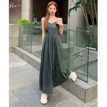 Plus size fat mm old retro denim suspender dress women's high-end temperament waist A-line long skirt set two-piece