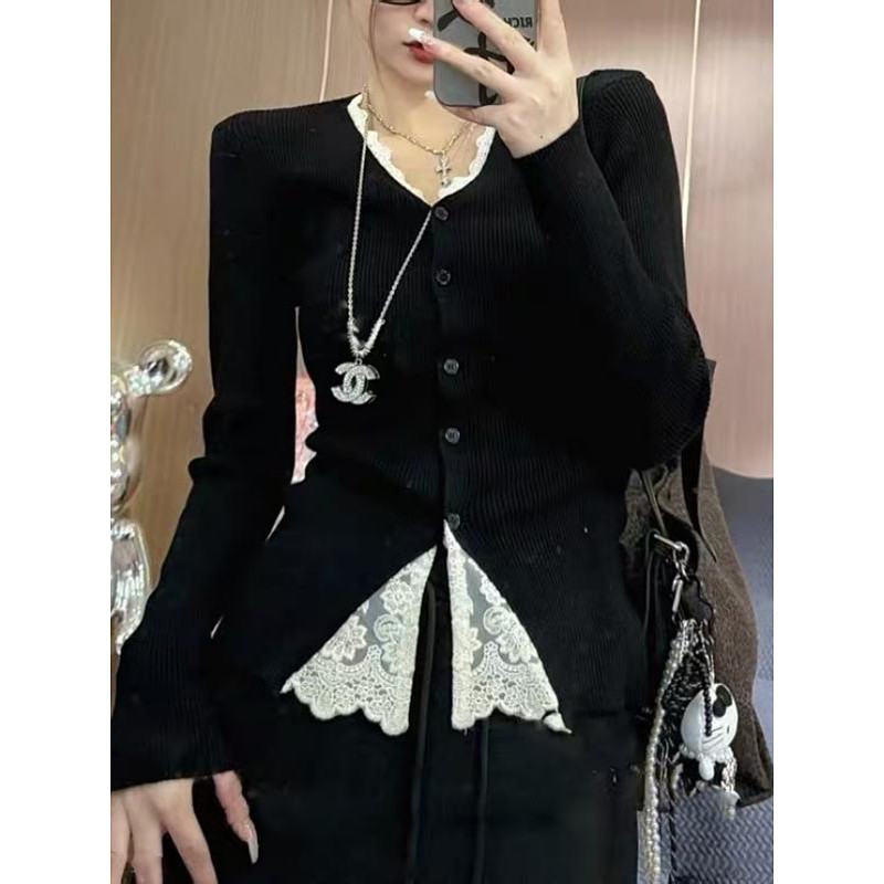 大码胖mm高级感蕾丝拼接针织衫女长袖毛衣打底衫春季新款修身上衣,淘宝优惠券,粉丝福利购,淘宝优惠卷