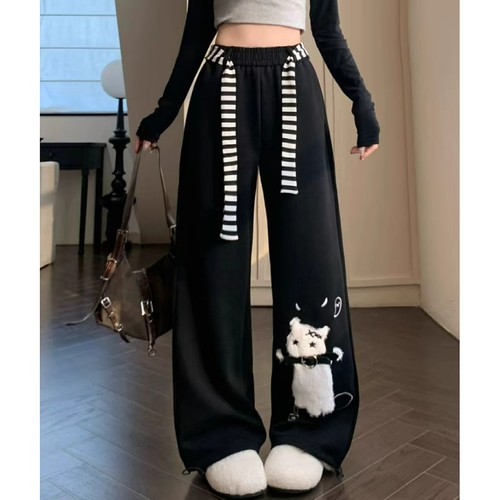 大码美式猫咪加绒加厚休闲卫裤子女装秋冬季新款亚文化阔腿运动裤 - 图3