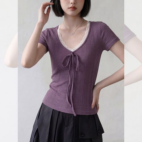 大码胖mm显瘦修身绝美短袖t恤女夏2026新款多巴胺气质设计感上衣 - 图0