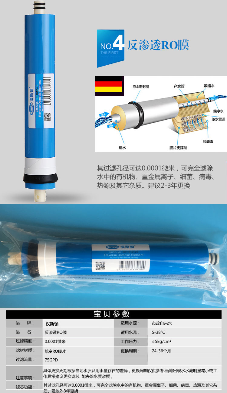 汉斯顿净水器滤芯HSD-RO75E-01/02/03/12/15五级10寸正品全套装 - 图2