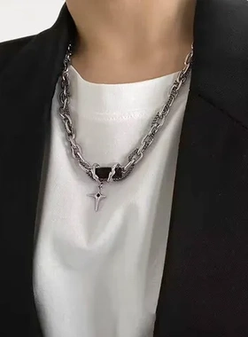 项链嘻哈酷缠绕十字感黑宝石个性高街冷淡风配饰潮流多层星体