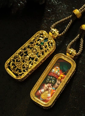 手绘唐卡五爷绿度母莲花生大士文殊唐卡吊坠项链藏式手绘擦擦唐卡