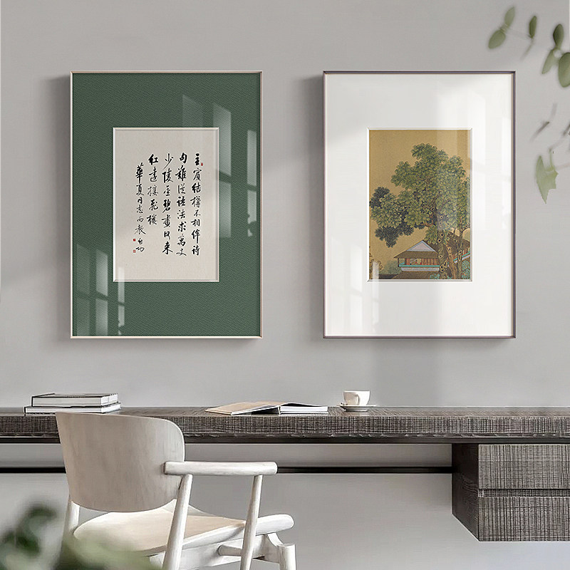 花逐水新中式禅意茶室装饰画绿色壁画水墨字画挂画书房墙画_虎窝淘
