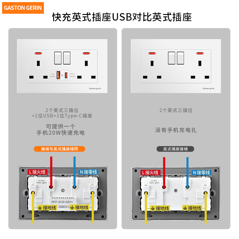 146型20W快充插座Type-C口暗装面板多功能二开13A六孔带USB英标仟 - 图2