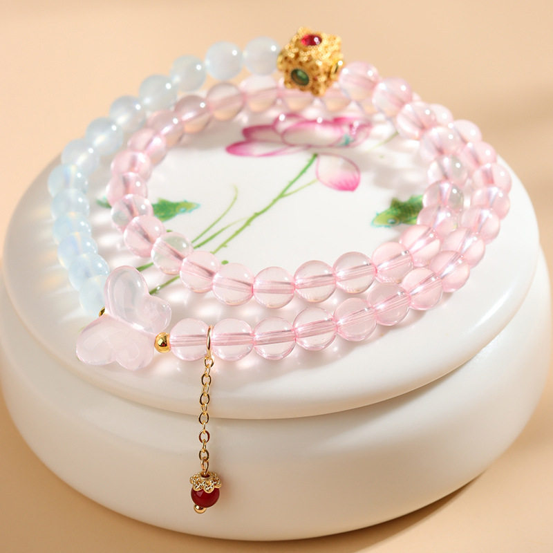 【佛糖】天然水晶莫桑粉晶海蓝宝双圈手链小清新甜美原创手串,淘宝优惠券,粉丝福利购,淘宝优惠卷