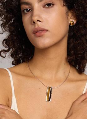 QURIOUSTONE 天然虎眼石 情诗长款项圈 宝石镶嵌925银 简约高级