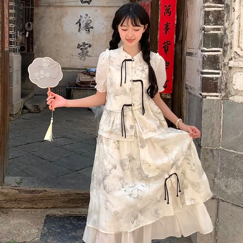 木茶出品新中式国风改良衬衫上衣女2024春季复古气质半裙两件套装